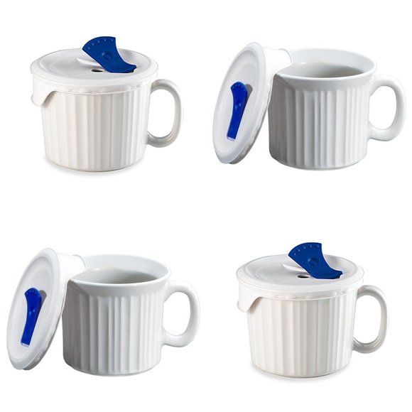 Taza para comidas CorningWare 595 ml, paquete de 4 con tapa azul ventilada