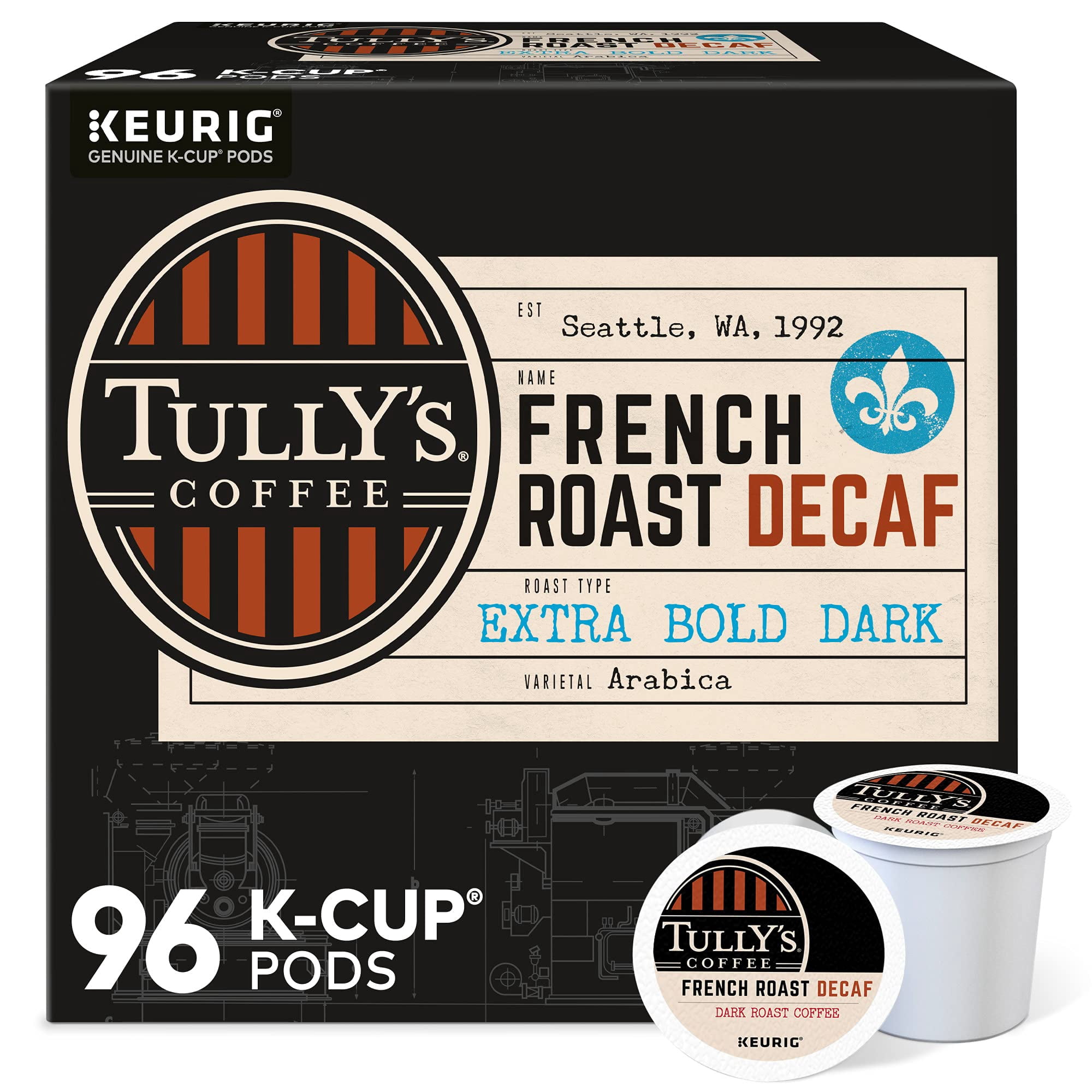 Cápsulas De Café Tully's French Roast Decaf Keurig, 96 Unidades