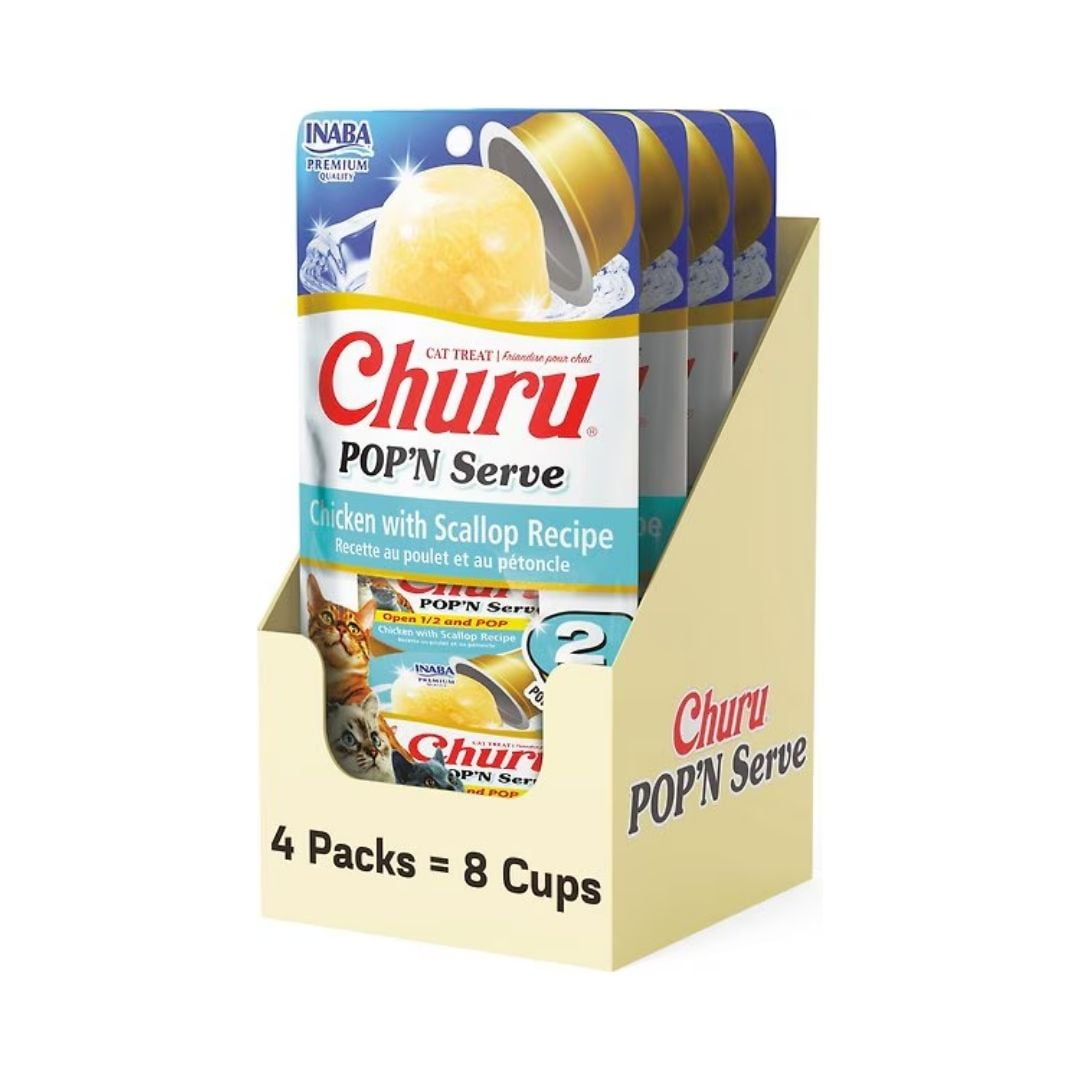 Caja Churu Gatos Pop'n Serve Pollo - Ostiones 4 Un. (8 Cups)