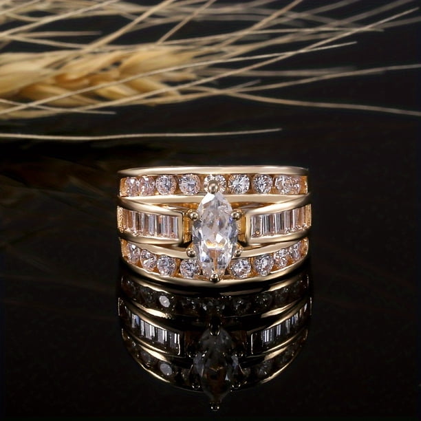 Stunning Golden Three Row White Zircon Engagement Ring for Women - Perfect for Weddings and Special Occasions