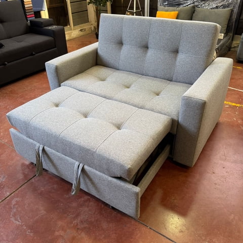 Camila Home - Sofá Cama Supreme Plaza Y Media Lino Gris Claro Con Puffs Y Respaldo Reclinable