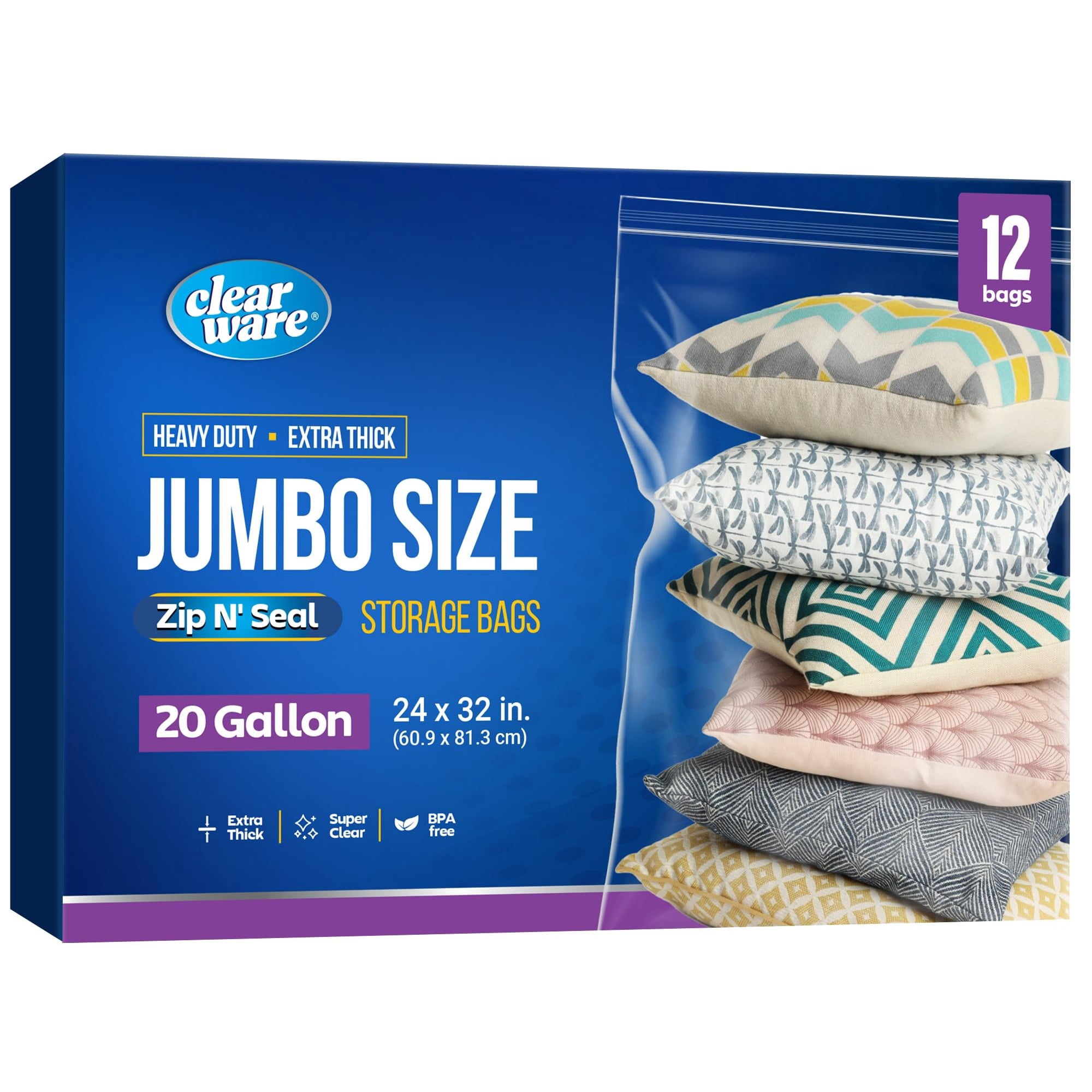 Bolsas De Almacenamiento Clearware De 20 Galones, Tamaño 24 X 32 Cm, Cierre Superior X 12