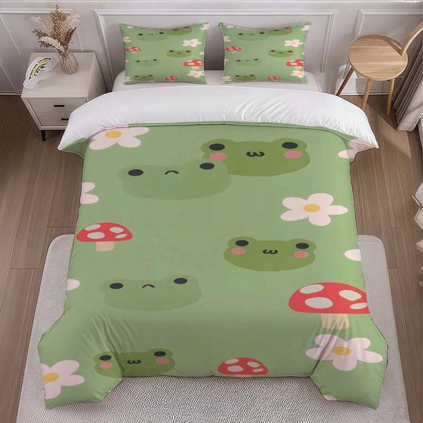 Cartoon Frog Head Printed Duvet Cover Set Themed Bedding Three-Piece Set