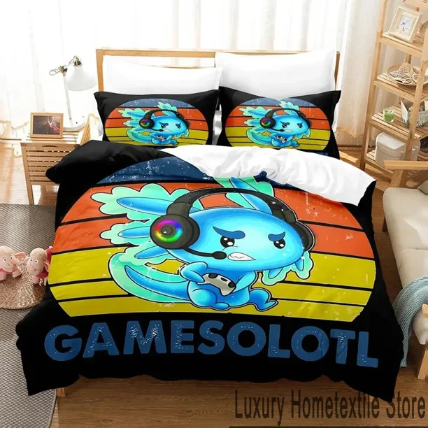 x1062 Bed SheetsGamesolotl Axolotl Video Gamer Kawaii Pastel Goth Bedding Set Twin Full Size Bed Set Aldult Kid Bedroom Anime 3-Piece Bedding Set (1 Duvet Cover + 2 Pillow Shams) nj1062
