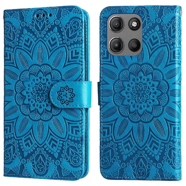 Funda tipo cartera FOXDOCK para Motorola Moto G15 , diseño girasol en relieve, cuero PU, cierre magnético, soporte y tarjetero