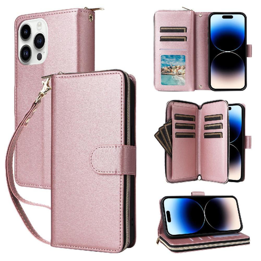 Foxdock - Funda Cartera Con Cremallera Y Correa Para Iphone 14 Pro Soporte Y Tarjetero Oro Rosa