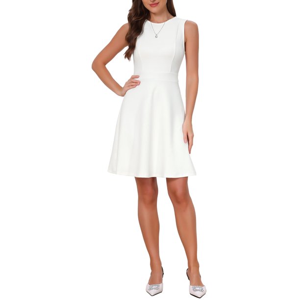 INSPIRE CHIC Vestidos de Trabajo sin Mangas para Mujeres Elegante Cuello Redondo Línea A Iglesia Vestido Casual de Negocios M Crema Blanco