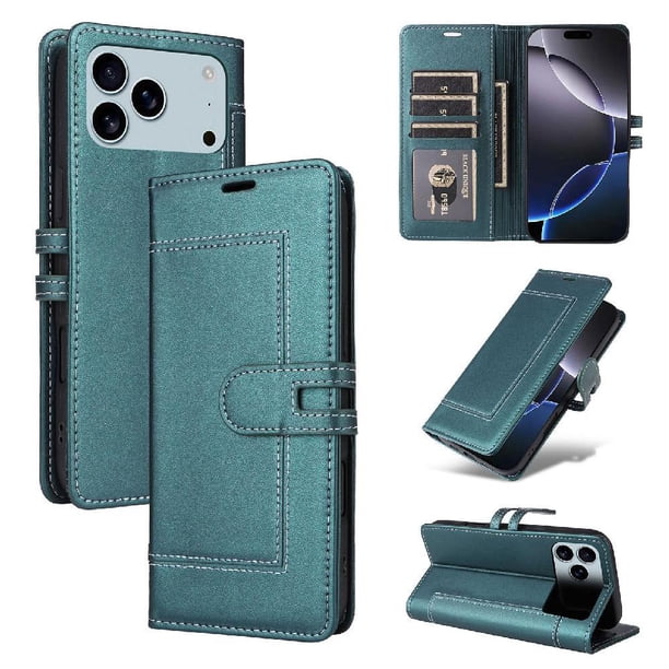 Premium Wallet Case for iPhone 17 Pro with Card Slots & Kickstand, Flip Cover Green