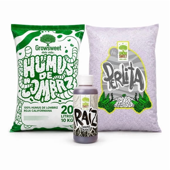 Kit Humus de Lombriz 20 Litros + Perlita 20 Litros + Enraizante 60 Mililitros