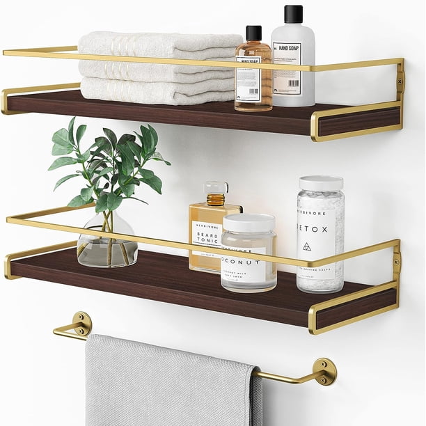 Forbena White Floating Shelves for Bathroom Organizer Over Toilet, Bathroom Shelves Wall Mounted with Towel Rack, Small Corner Wall Shelf for Bedroom Decor Kitchen Storage (White-Grey Set of 2)