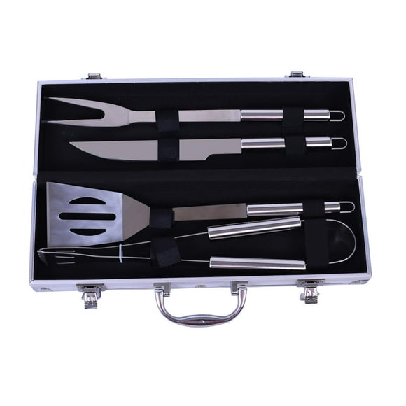 Set 4 accesorios parrilleros de acero y maletin de metal