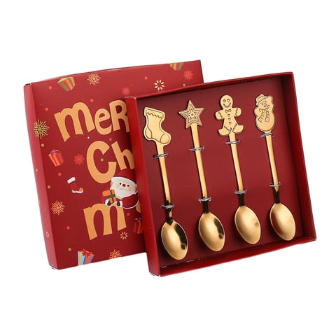 Magideal - Juego De Cucharas Navideñas, Cubiertos Navideños Con Caja De Regalo, Kits De Cubiertos Navideños, Cuchara De Café De Acero Inoxidable Para Vacaciones, 4 Piezas
