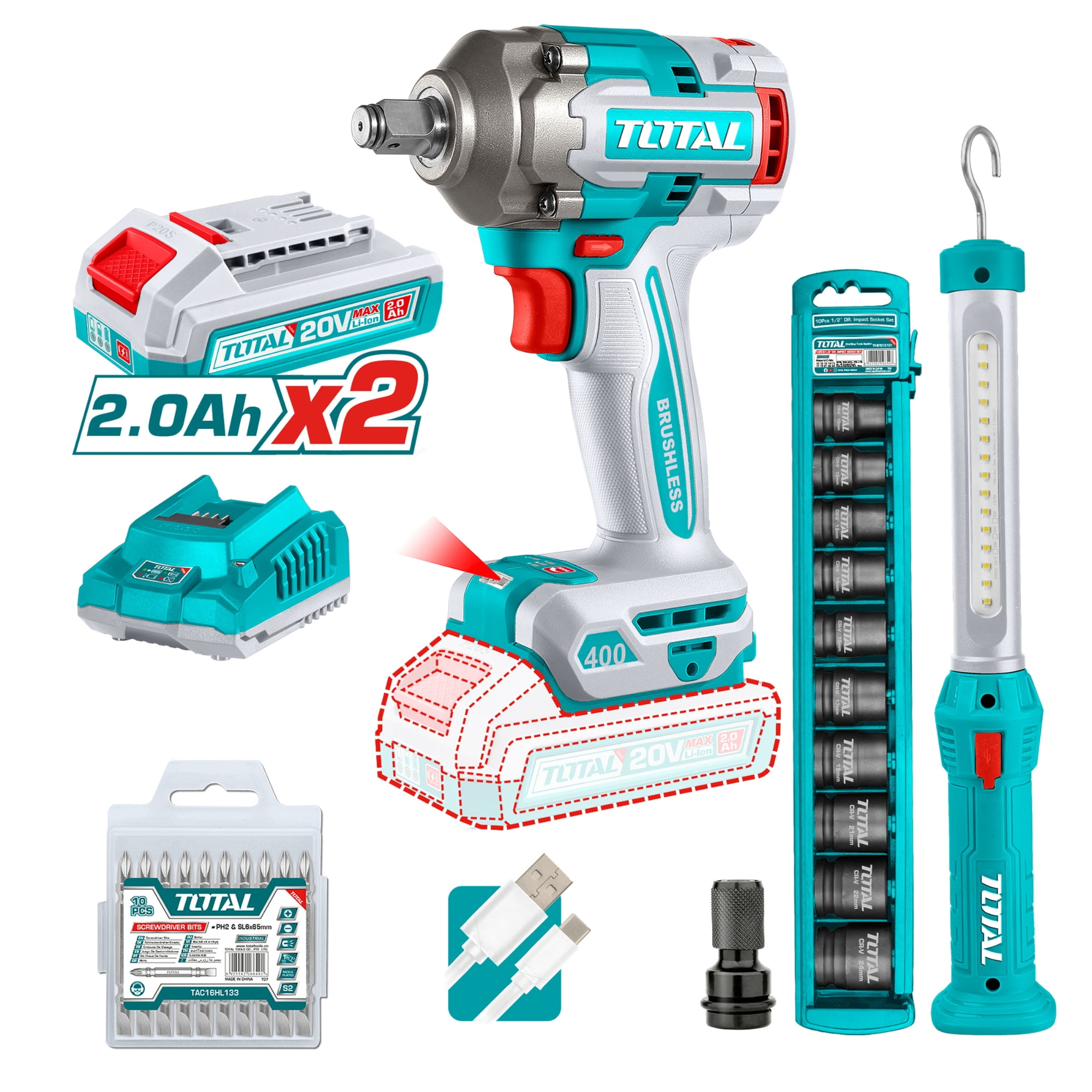 Kit Llave De Impacto Y Lampara 20v Con Dados Y Punta Total