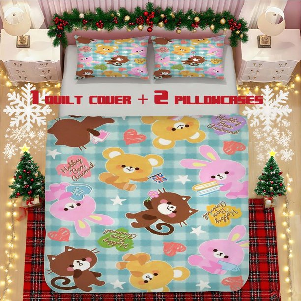Cartoon Bear Style Printed Soft Three-Piece Set Polyester Material with Bed Decoration and Warmth Functionality for Living Room or Guest Rooms