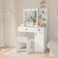 M&Ms - Vanity Desk With Lights, Vanity Set With Mirror, Makeup Vanity Desk With Large Drawers & Three Level Storage Dreeser, Vanitys/Vanities With 3 Lights Brightness Adjustable For Bedroom, White