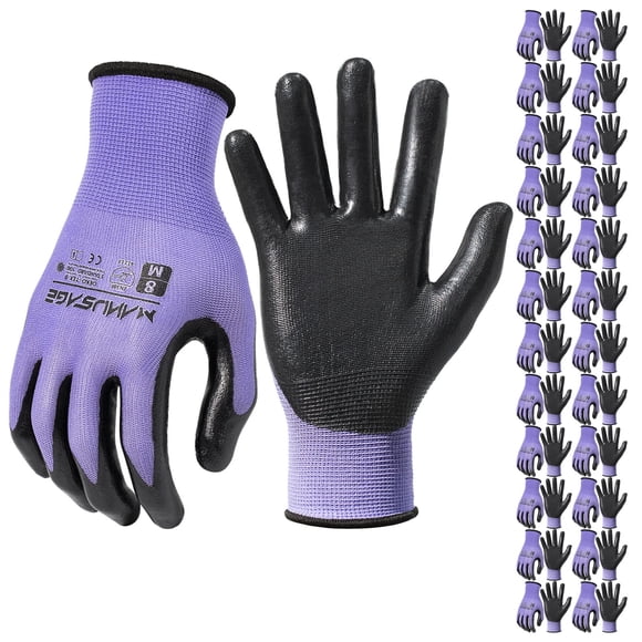 Guantes de trabajo MANUSAGE XL morados con agarre de nitrilo, 24 pares