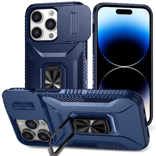 Funda Armada para iPhone 14 Pro con Tapa Deslizante y Soporte Magnético Giratorio Azul