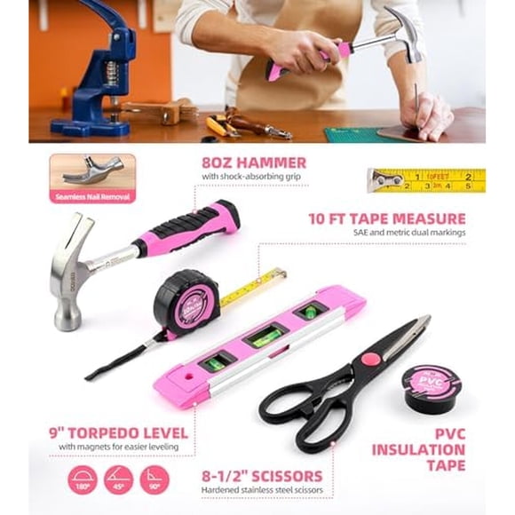 Set de Herramientas DOWELL 143 Piezas Rosa con Atornillador 3.6V