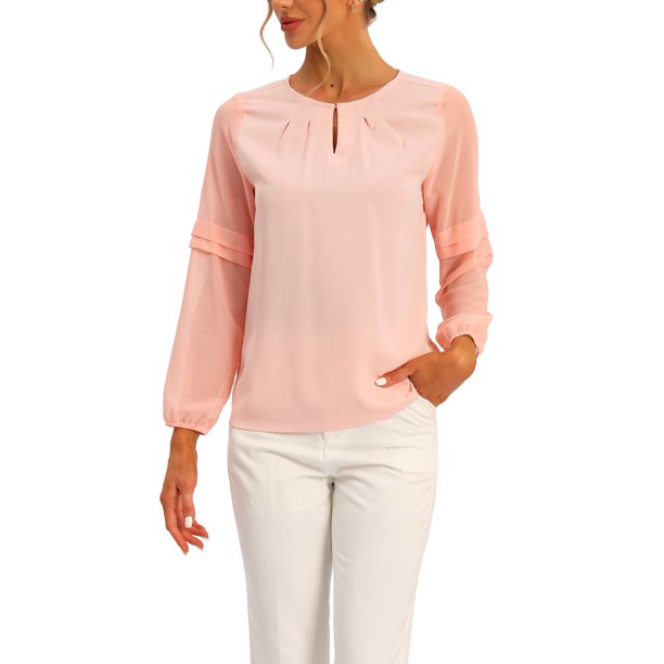 INSPIRE CHIC Blusa de Chifón para Mujer de Regreso a Clases Cuello con Abertura Manga de Patchwork Elegante Top de Trabajo S Rosa Claro