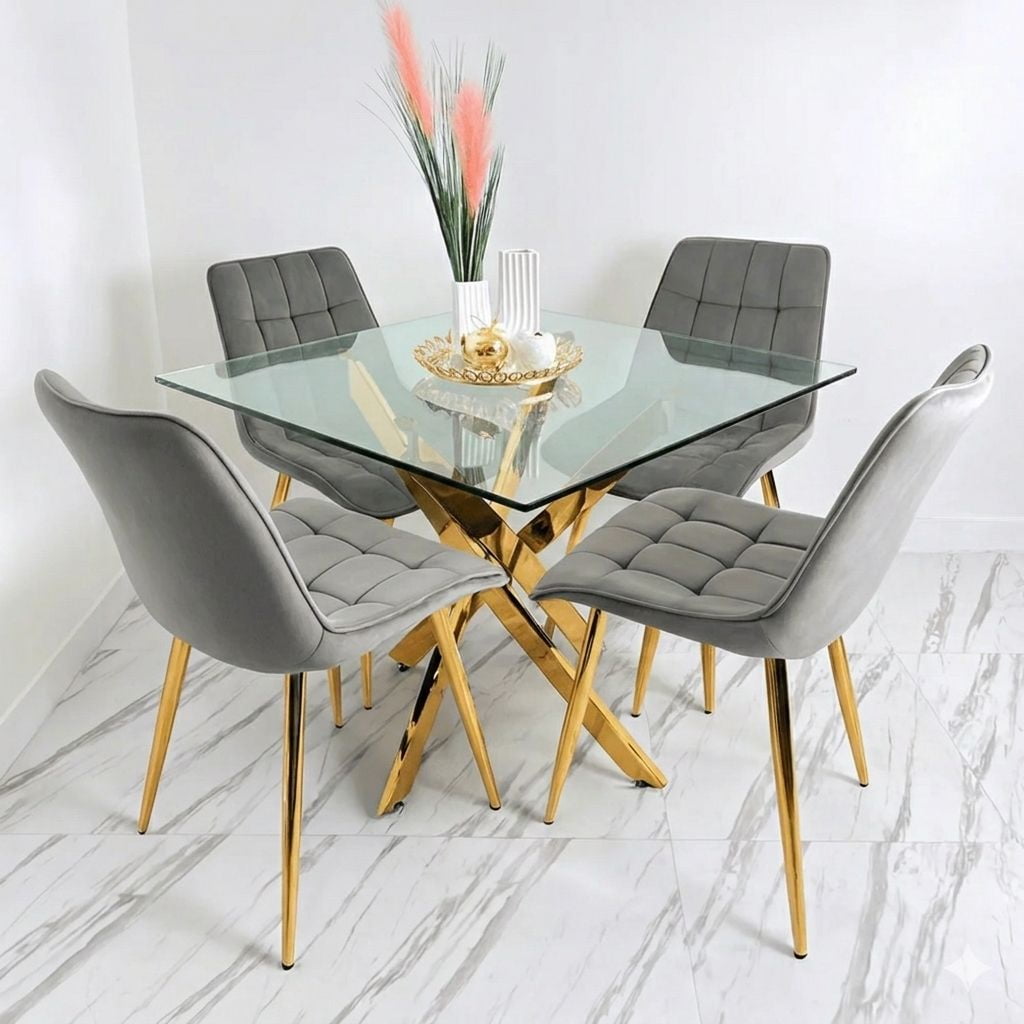 Nevi Express - Juego De Comedor Dorado 120cm + 4 Sillas Capitone Gris