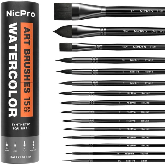 Pinceles para Acuarela Nicpro 15 Piezas Pelo Sintético de Ardilla