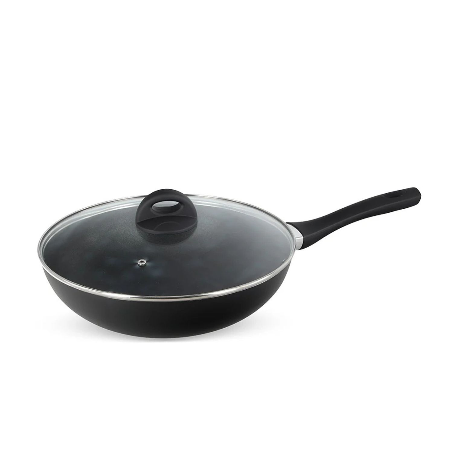 Wok 30Cm Con Tapa De Vidrio Wens Firenze Negro Antiadherente
