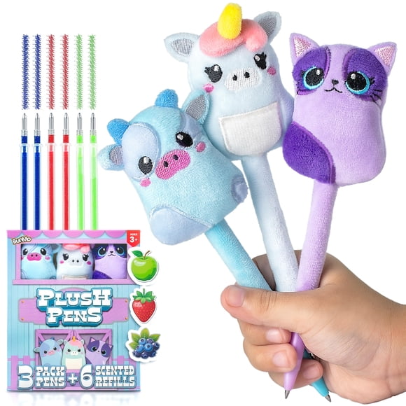 Bolígrafos BUNMO Cute Fun con agarre suave y 6 recambios para niños, paquete de 3