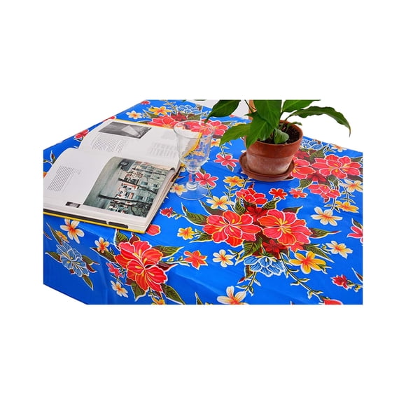 First Choice Vinyls Alux Mantel de Vinilo con Flores de Hibisco para Patios, Picnic y Mesas de Cocina - Azul y Rojo - Vinilo Plástico - Mantel Redondo de 55 pulg. (140 cm)
