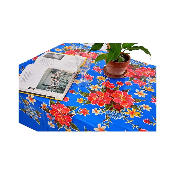 First Choice Vinyls Alux Mantel de Vinilo con Flores de Hibisco para Patios, Picnic y Mesas de Cocina - Azul y Rojo - Vinilo Plástico - Mantel Redondo de 55 pulg. (140 cm)