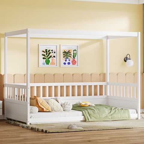 M&Ms - Twin Size Canopy Bed Frame With Guardrails For Kids,Floor Bed Twin With Four Poster Design,Kids Montessori Floor Bed,Wood Canopy Bed Frame For Girls,Boys(Twin,White)