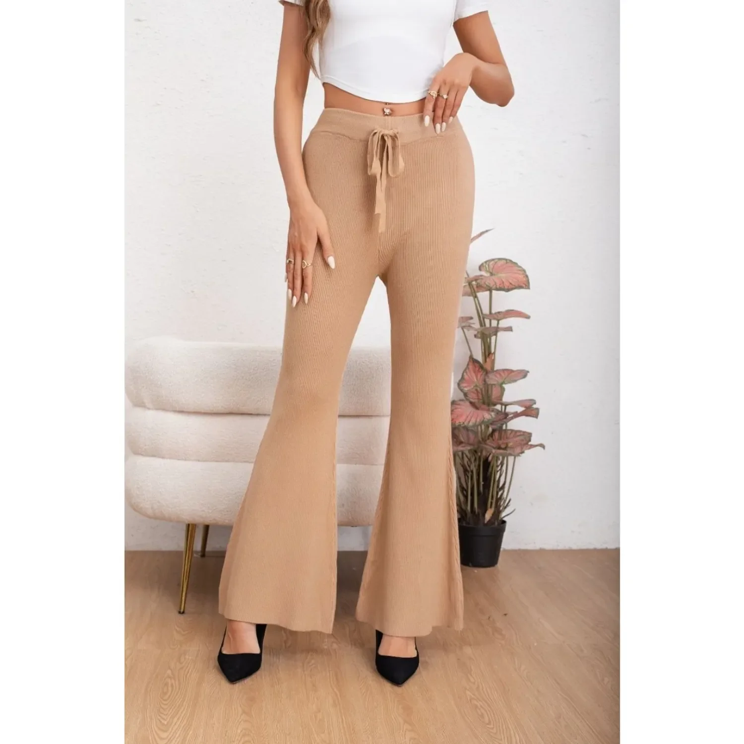 Likeshop - Pantalon Calza Mujer Flare Lanilla Tiro Alto Full Elasticado 5050