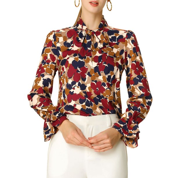 INSPIRE CHIC Blusa de Mujer con Lazo Floral en el Cuello en V, Volantes Vintage, Manga Larga de Trompeta, Talla M, Rojo