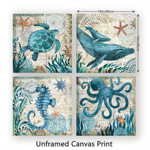 4pcs Frameless Beach Bathroom Decor Wall Art Ocean Decor Sea Turtle Wall Art Nautical Bathroom Pictures Coastal Octopus Canvas Painting Teal Bathroom Accessories Bedroom Kitchen Art Home Decorations N