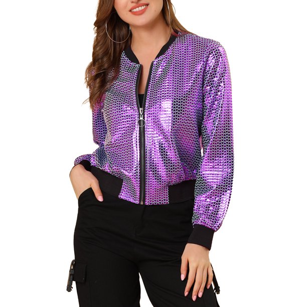 Chaqueta Bomber Corta con Cuello Alto y Cremallera Metálica para Mujer de INSPIRE CHIC XL Púrpura-1