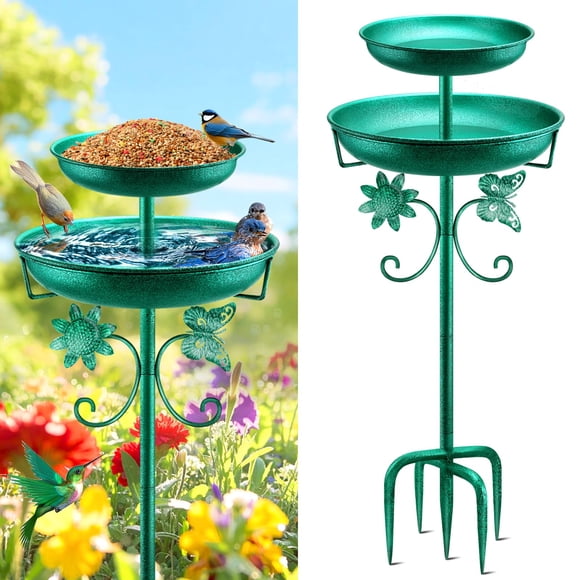 Baño para Pájaros Daoeny 107 cm Vintage de Metal Verde con 2 Recipientes