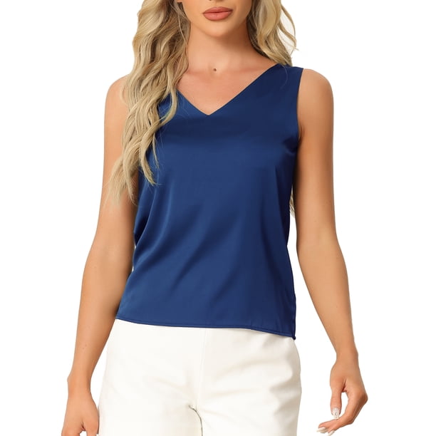 INSPIRE CHIC Camisola de Satén para Mujer sin Mangas con Escote en V, Top Sedoso con Tirantes Anchos, Blusa Elegante para Dormir y Descansar M Azul Marino
