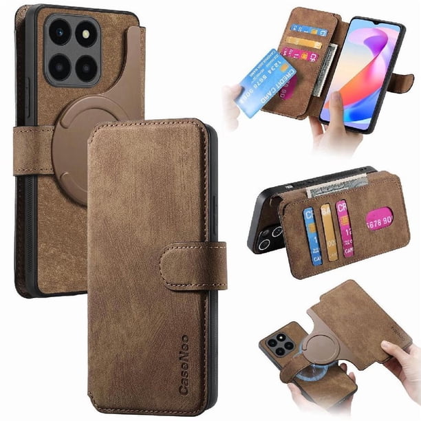 Funda Billetera Magnética para Honor X6A Soporte Tarjetas Desmontable Marrón