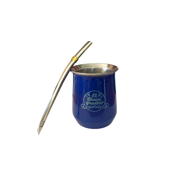 Mate Acero Inoxidable Azul Con Bombilla El Buen Pastor