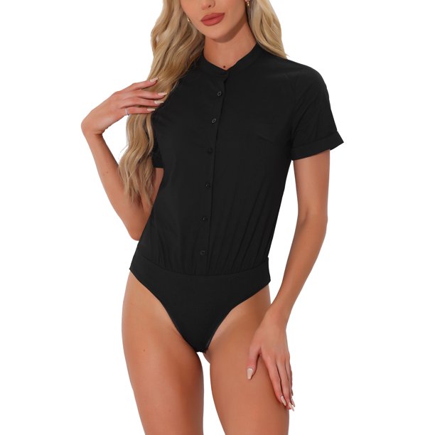 INSPIRE CHIC Bodysuit de Mujer con Cuello Alto, Manga Corta y Botones, Talla XL, Negro