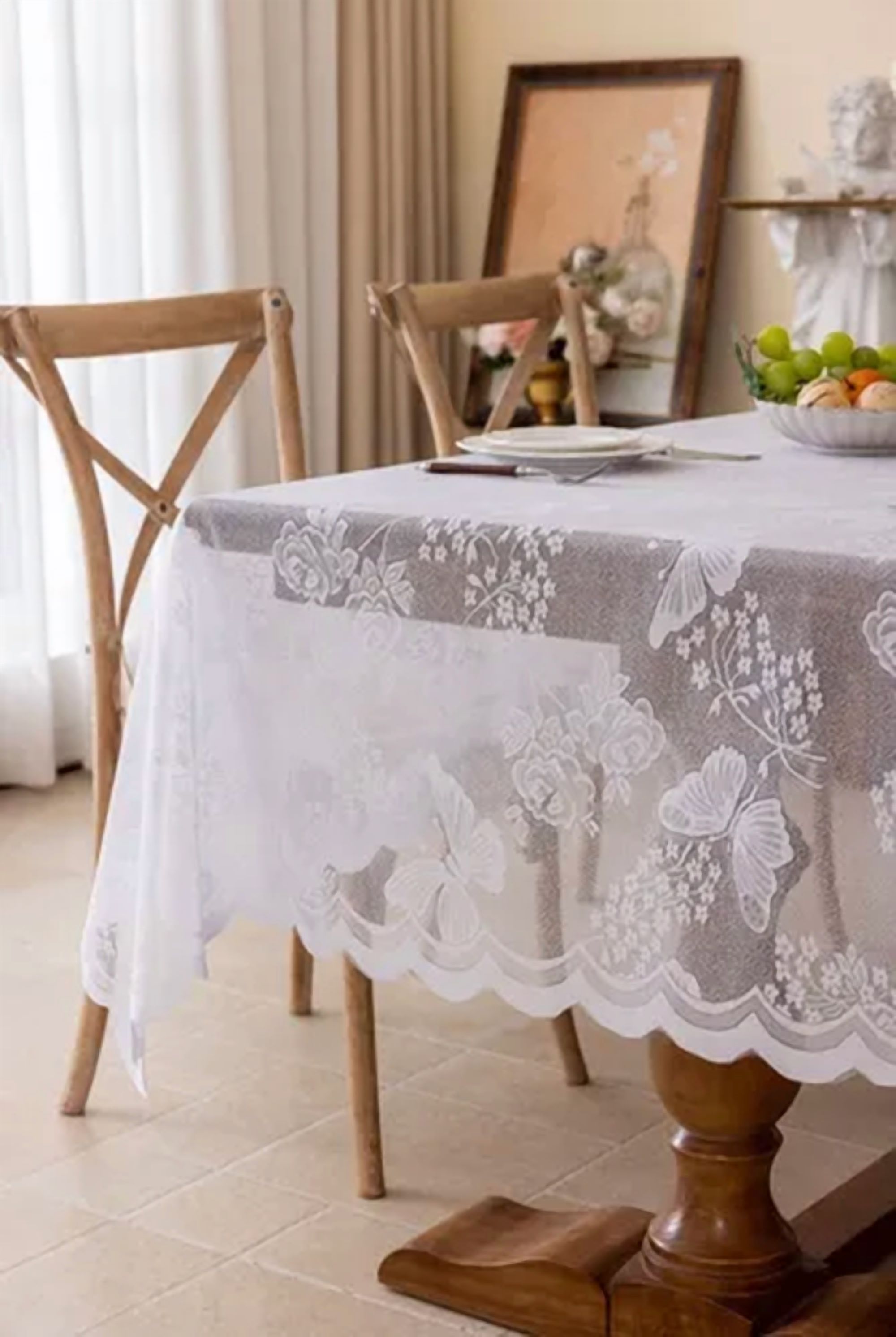 Genérico - Mantel Mariposa Visillo Encajes 150X215 Blanco