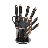 Mp - Set Cuchillos De Cocina 9 Piezas Con Base Giratoria Marmoleado Negro Dorado