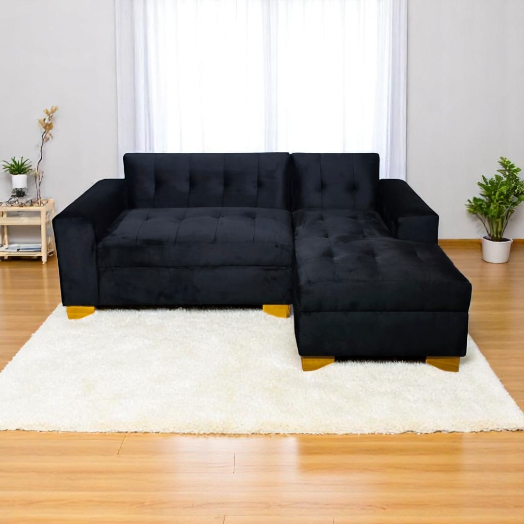 Diseños Valestrini - Sofa Seccional Felpa Negra Divan Derecho