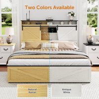 M&Ms - Farmhouse Queen Size Bed Frame With Storage Headboard And Drawers,Charging Station & Led Lights,Natural