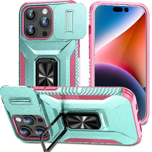 Funda Armada para iPhone 15 Pro Max con Tapa Deslizante y Soporte Magnético Giratorio Verde