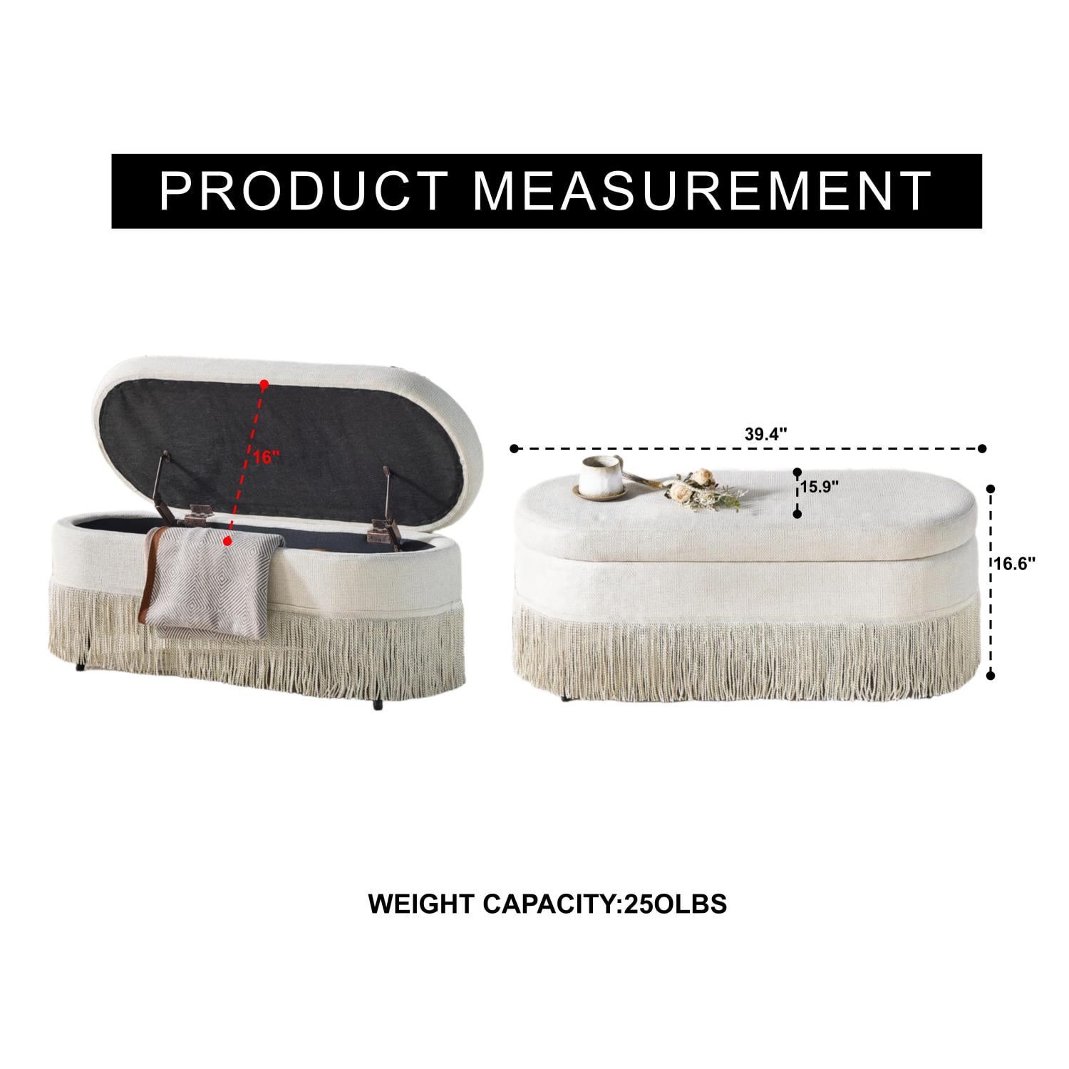 M&ms - Oval Upholstered Storage Ottoman With Fringe Trim & Lift-top Lid - 39"l X 16"w X 17"h, Multi-functional Footrest & Hidden Storage For Living Room Or Bedroom - Beige Fabric With Metal Frame