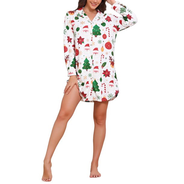INSPIRE CHIC Conjunto de Pijamas de Navidad para Mujeres con Cuello con Muesca, Estampado de Botones, Camisón de Manga Larga, Conjunto de Pantalones para Otoño Invierno, Talla Mediana, Blanco