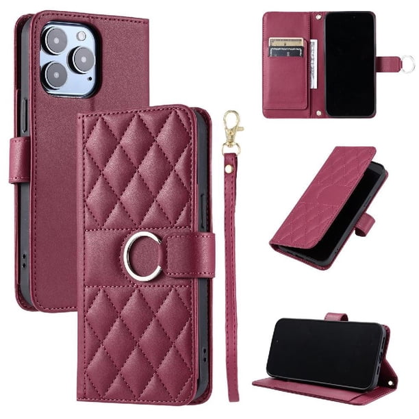 Funda Acolchada con Anilla y Correa para iPhone 15 Pro Max Slots para Tarjetas Rojo