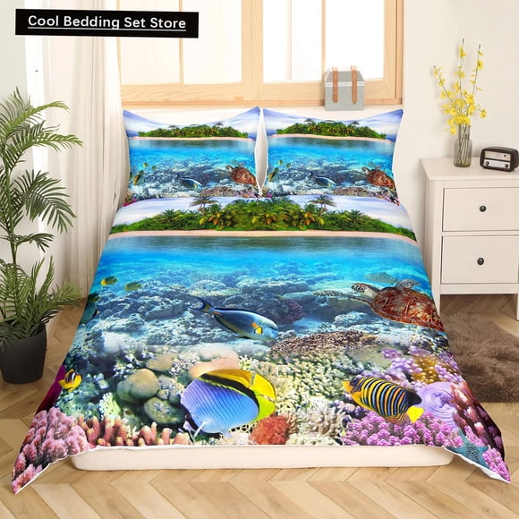 x1880 Bed SheetsBeach Ocean Duvet Cover Set Hawaiian Palm Tree Waves Bedclothes Tropical Island and Sea Beach Nature Theme Polyester Qulit Cover 3-Piece Bedding Set (1 Duvet Cover + 2 Pillow Shams) nj