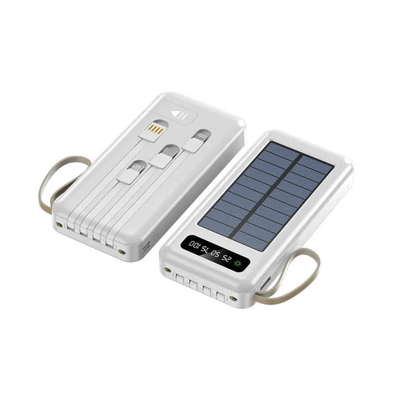 Batería Portátil Power Bank Solar 20000mAh Cables Integrados Luz LED - Blanco