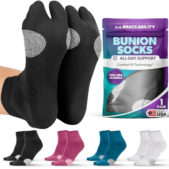 Calcetines BraceAbility Alivio de Juanetes con Dedo Separado M Negro